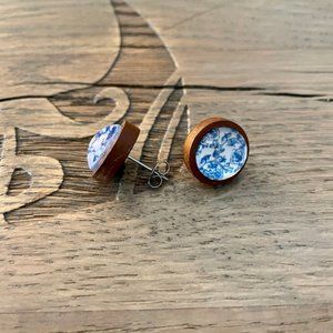 Blue & White Luminous Wood Base Earrings NEW